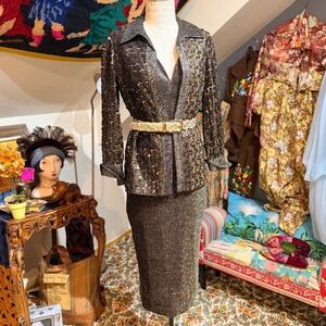 Vintage 80s Lee Jordan New York Sparkly Sequin Gold Jacket Dress Set 2 Piece